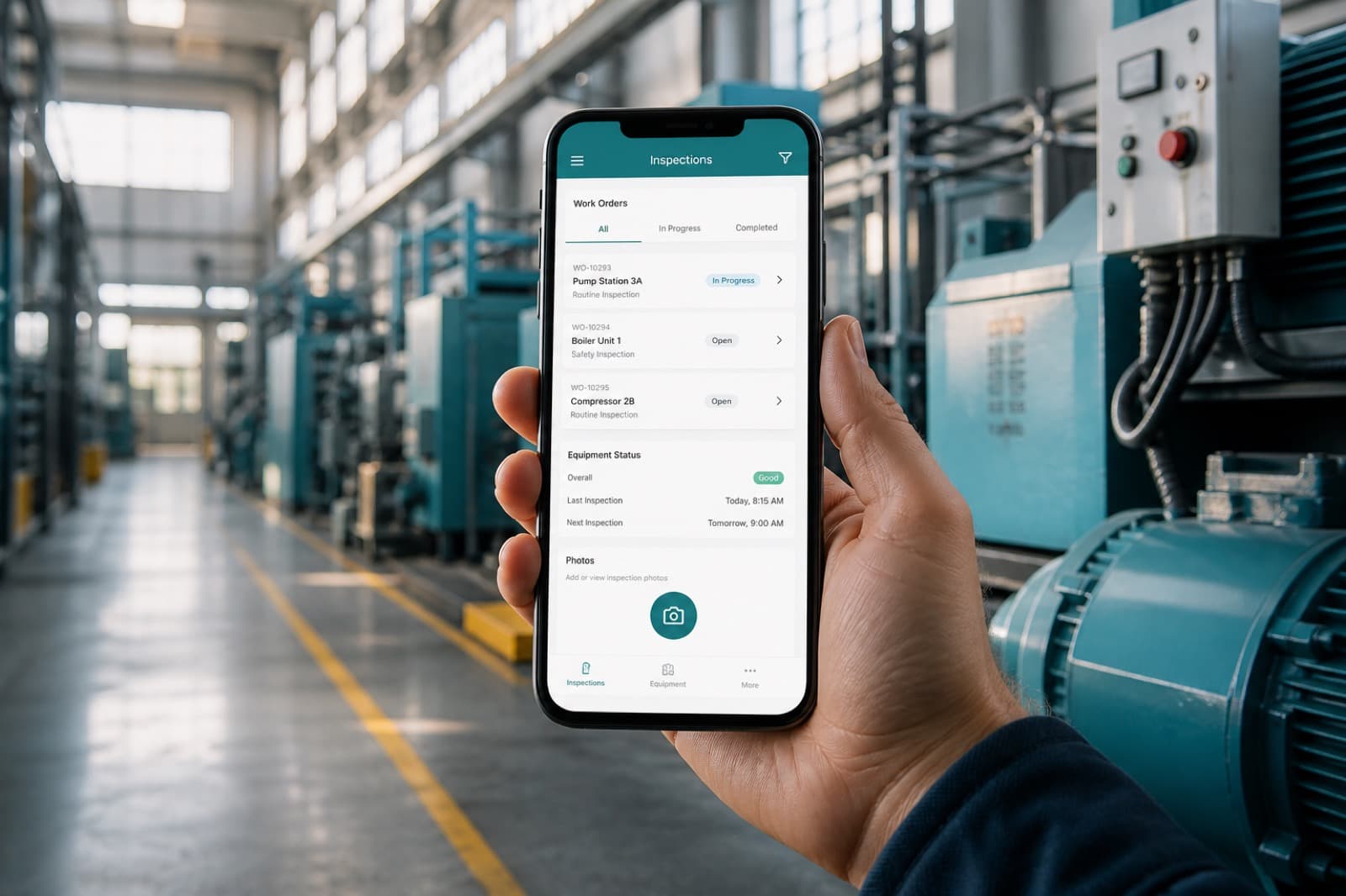 制造业巡检 APP 界面示意（AI 生成脱敏效果图）